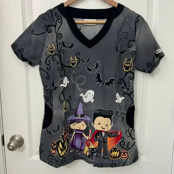 Uniform Advantage UA Scrubs | Halloween Haunted Night Black Top | Gray | Medium - Picture 1 of 2